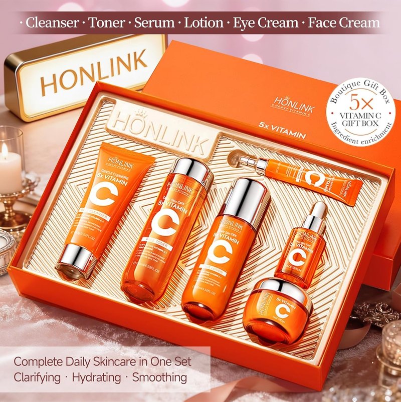 Hydrating Vitamin C Skincare Set - 6-Piece Daily Face Care Routine with Niacinamide, Cleanser, Toner, Serum, Moisturizer, Eye Cream & Body Lotion