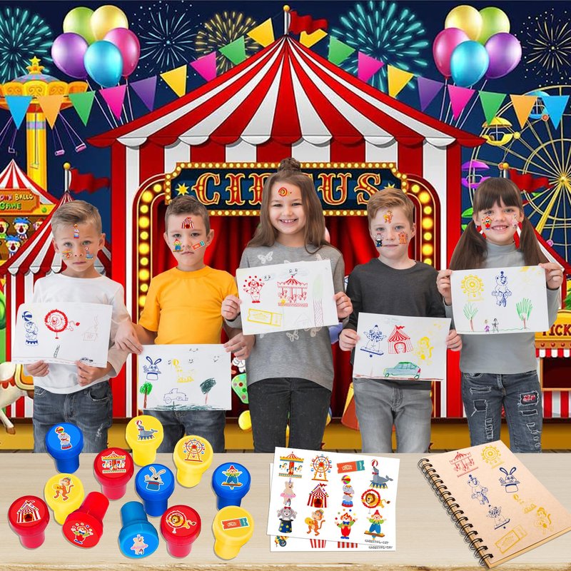 36PCS Carnival Party Favors - 24PCS Temporary Tattoos & 12PCS Stamps - Ideal Circus Clown Themed Birthday Card Decorations Supplies Goodie Bag Cute Rewards for Boys Girls Classroom Gifts Prizes