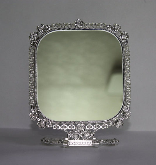 SEHAMANO Vintage Foldable Embossed Roses & Small Hearts Pattern Makeup Table Mirror, Decorative Square Shaped Mirror, Antique Vanity Cosmetic Double Sided Metal Frame Mirror (Shiny Silver)