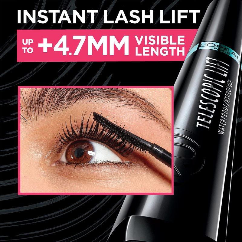 L'Oreal Paris Telescopic Lift Mascara, Lengthening and Volumizing Eye Makeup, Lash Lift with Up to 36HR Wear, Waterproof, Black, 0.33 Fl Oz