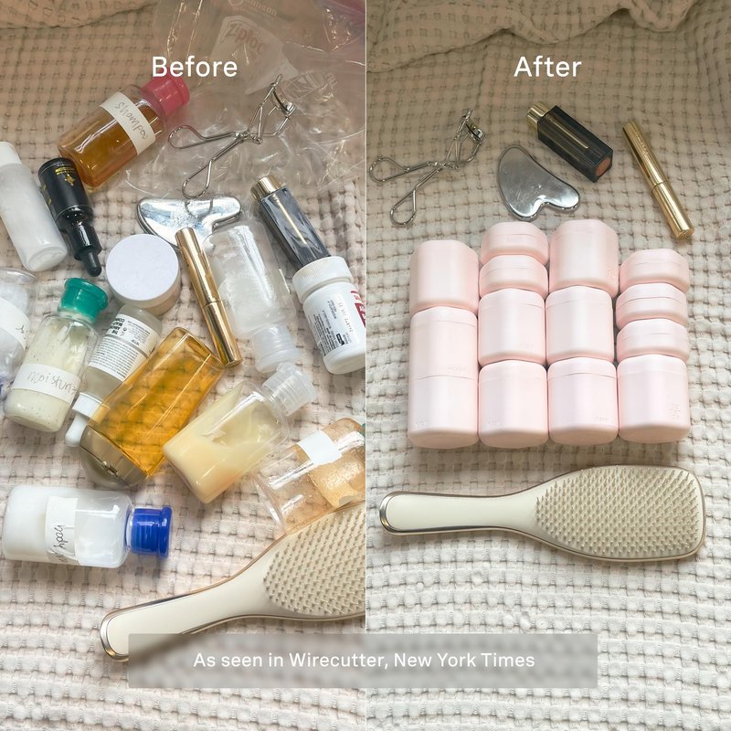 Cadence Travel Containers - 2 Piece Haircare Set - Magnetic Travel Capsules - For Shampoo, Conditioner, Hair Styling Product - 1 Small & 1 Medium Capsule - Shampoo & Conditioner Labels - Petal