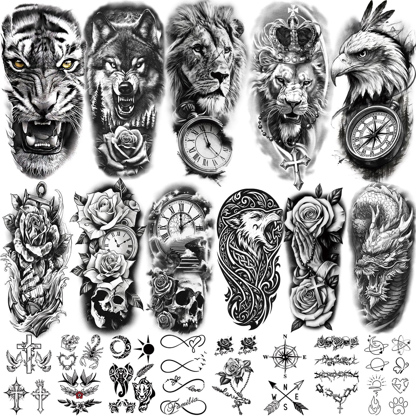 92 Sheets Temporary Tattoo, 17 Sheet Half Arm Lion Wolf Tiger Dragon Butterfly Rose Fake Tattoos for Women Men, 75 Sheet Realistic Tiny Tattoos Stickers for Adult Body Chest Neck Hand