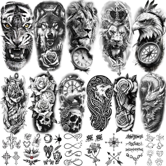 92 Sheets Temporary Tattoo, 17 Sheet Half Arm Lion Wolf Tiger Dragon Butterfly Rose Fake Tattoos for Women Men, 75 Sheet Realistic Tiny Tattoos Stickers for Adult Body Chest Neck Hand