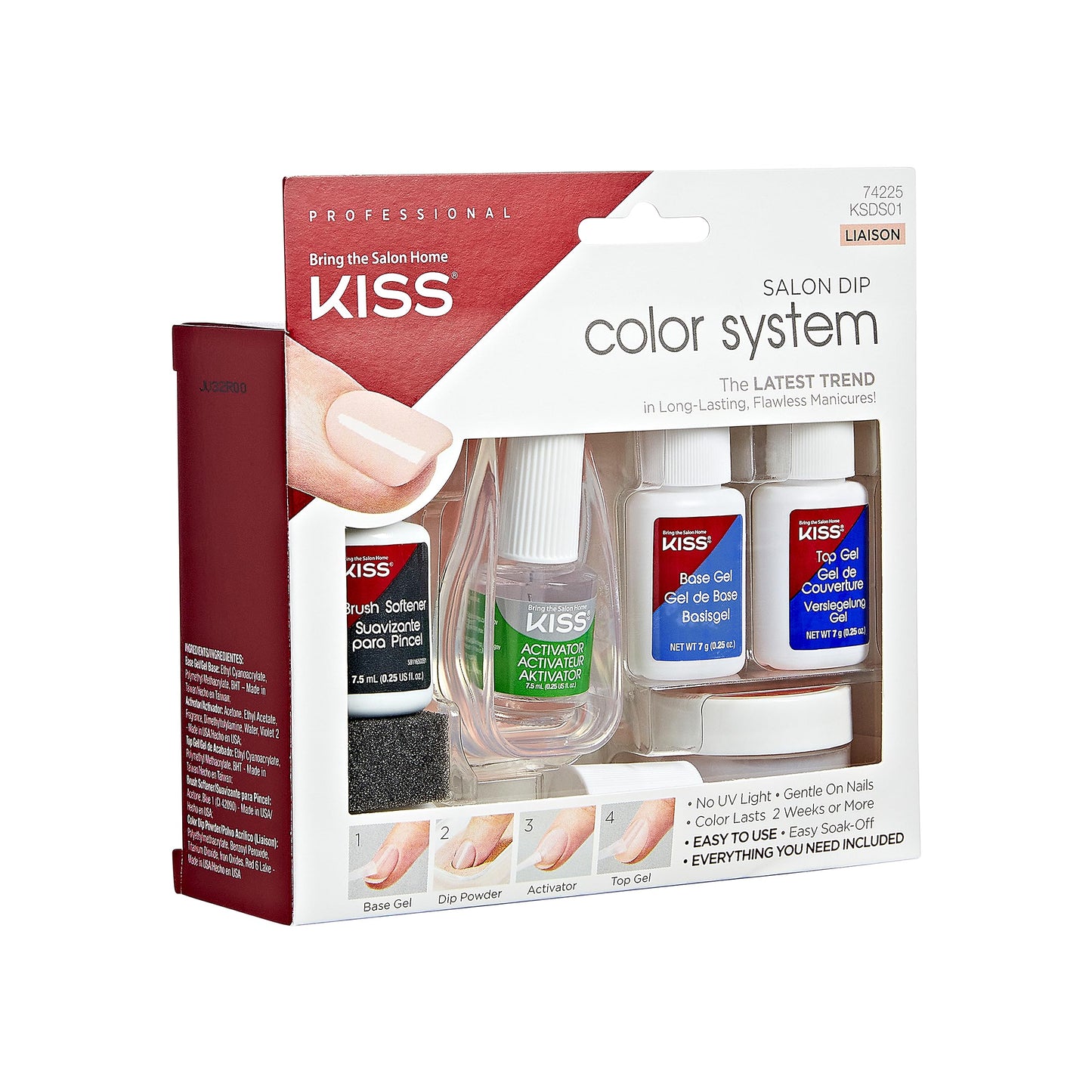KISS Salon Dip Color System Dip Powder Nail Kit, 'Liaison', No UV Light Needed, Includes 7g Base Gel, 7g Top Gel, 7.5ml Activator, 9g Dip Powder, 7.5ml Brush Softener