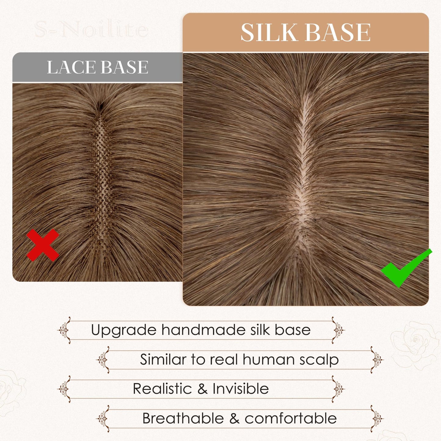S-noilite Human Hair Toppers for Women with Bangs 100% Real Human Hairpiece 5"x3" Clip in Silk Base Topper Piece Cover Thinning Fine Hair 10 inch Chestnut Brown