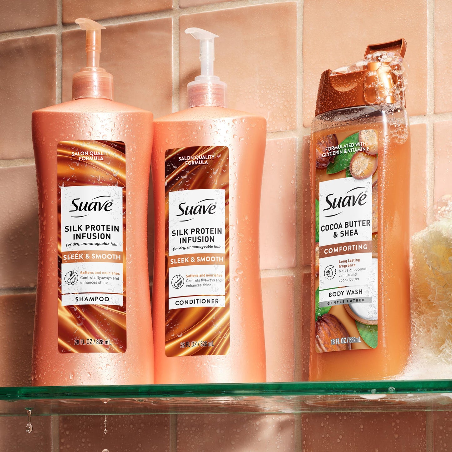 Suave Silk Protein Smooth & Sleek Shampoo for Dry, Unmanageable Hair, Anti-Humidity + 48HR Frizz Control, Enhances Shine, 28 FL OZ Pump, 4 Count