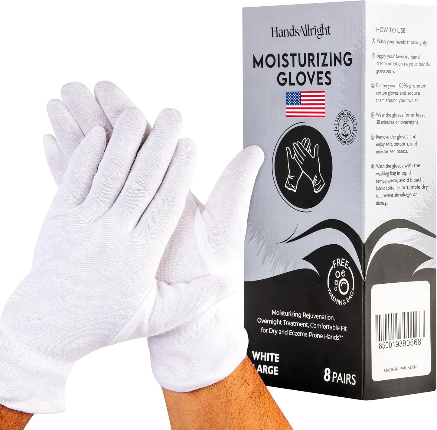 White Cotton Gloves for Dry Hands - 8 Pairs of Washable Overnight Moisturizing Gloves | Breathable for Men & Women