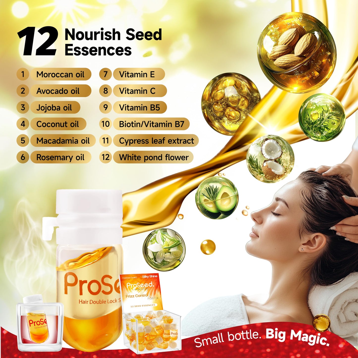 Proseed Hair Vitamins, 3-in-1 Solution: Hot Oil Treatment & Leave-in Serum &Perfumed Care for Frizzy, Dry, Damaged Hair, with Moroccan, Avocado, Coconut Oil, Vitamin C, E, B5 & Biotin (40 Caps)