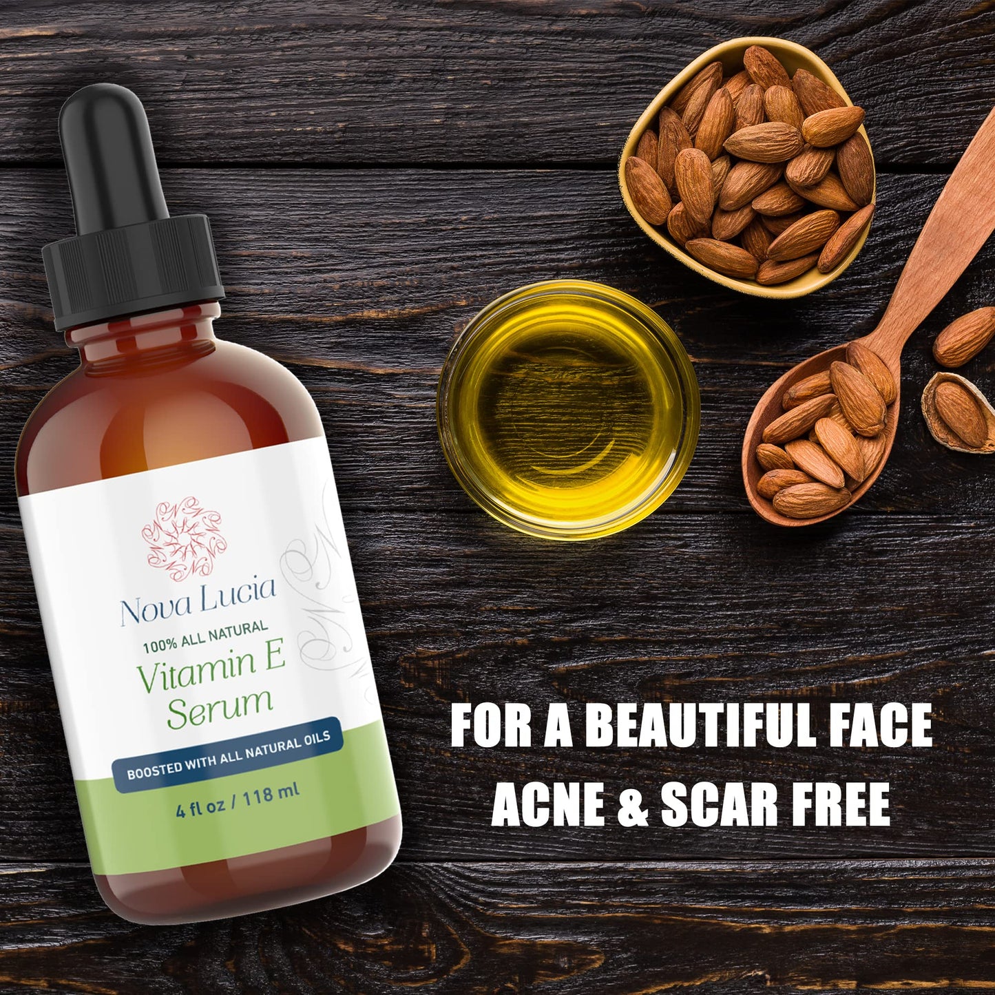 Nova Lucia Organic Vitamin E Oil – Pure Vitamin E for Skin, Face & Hair | Scar & Stretch Mark Treatment, Natural Moisturizer for Soft, Smooth, Hydrated Skin – 4 oz