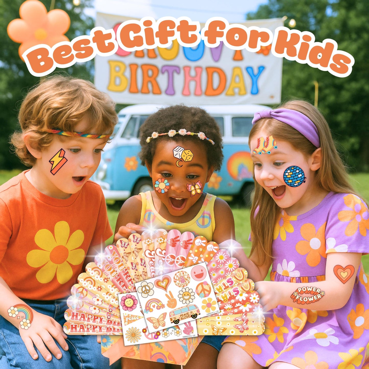 Cherisnowy 48PCS Groovy Party Set - 24PCS Temporary Tattoos & 24PCS Slap Bracelets - 70s Retro Birthday Supplies, Baby Shower Gifts, Classroom Rewards & Party Decor for Kids (Boys & Girls)