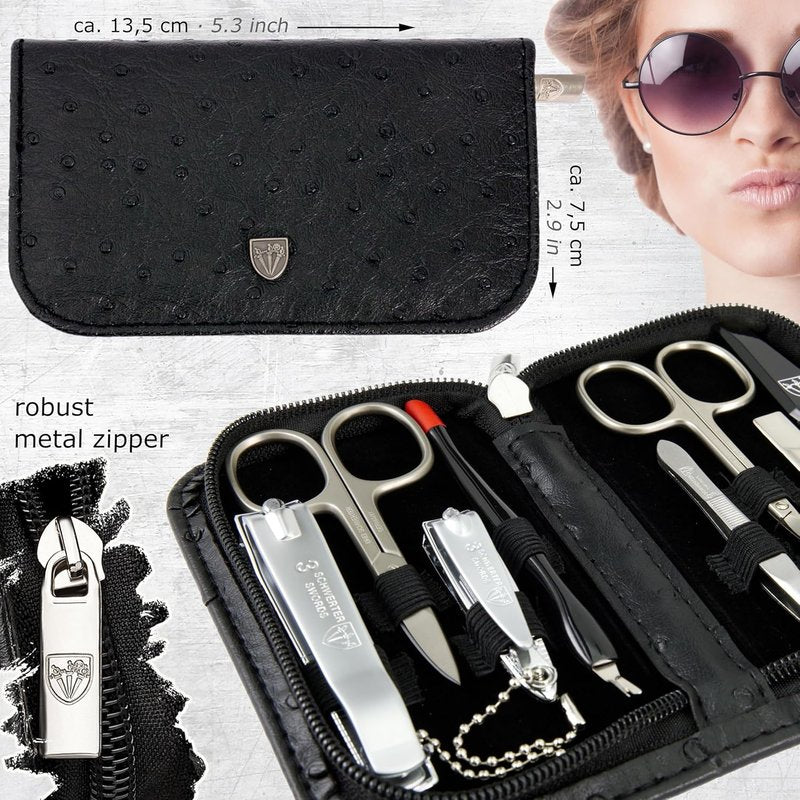 8-Piece Manicure Pedicure Grooming Kit - Professional Nail Care Set with Synthetic Leather Case | Ostrich Black