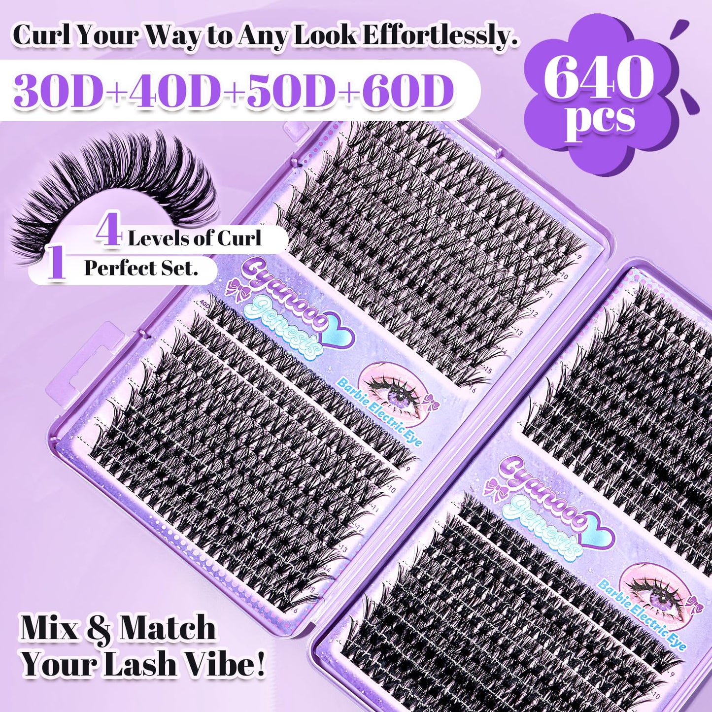 Lash Clusters Kit 640pcs 30D 40D 50D 60D D Curl 9-16mm Individual Lashes Fluffy Wispy Lightweight Thin Band DIY Eyelash Extensions with Bond and Seal + Tweezers for Beginners At Home Natural Full Look