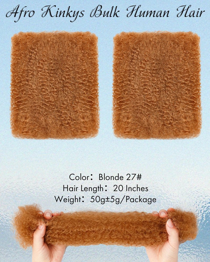 Afro Kinky Curly Bulk Human Hair Extensions 20 Inch 50g Bundles,Real Natural Kinky-Curly Braiding Hair for Dreadlocks/Locs Repair,Twist & Braids(Blonde,27#,2 Packs)