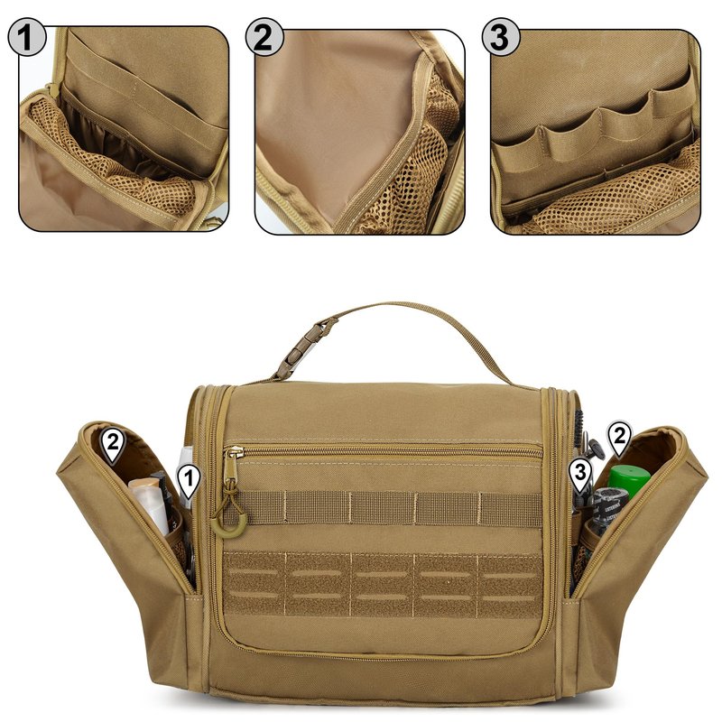 Prokva Tactical Toiletry Travel Bag for Men, Hanging Dopp Kit Hygiene Bag Shower Organizer with Hook for Toiletries and Shaving Care, Khaki (Empty Bag)