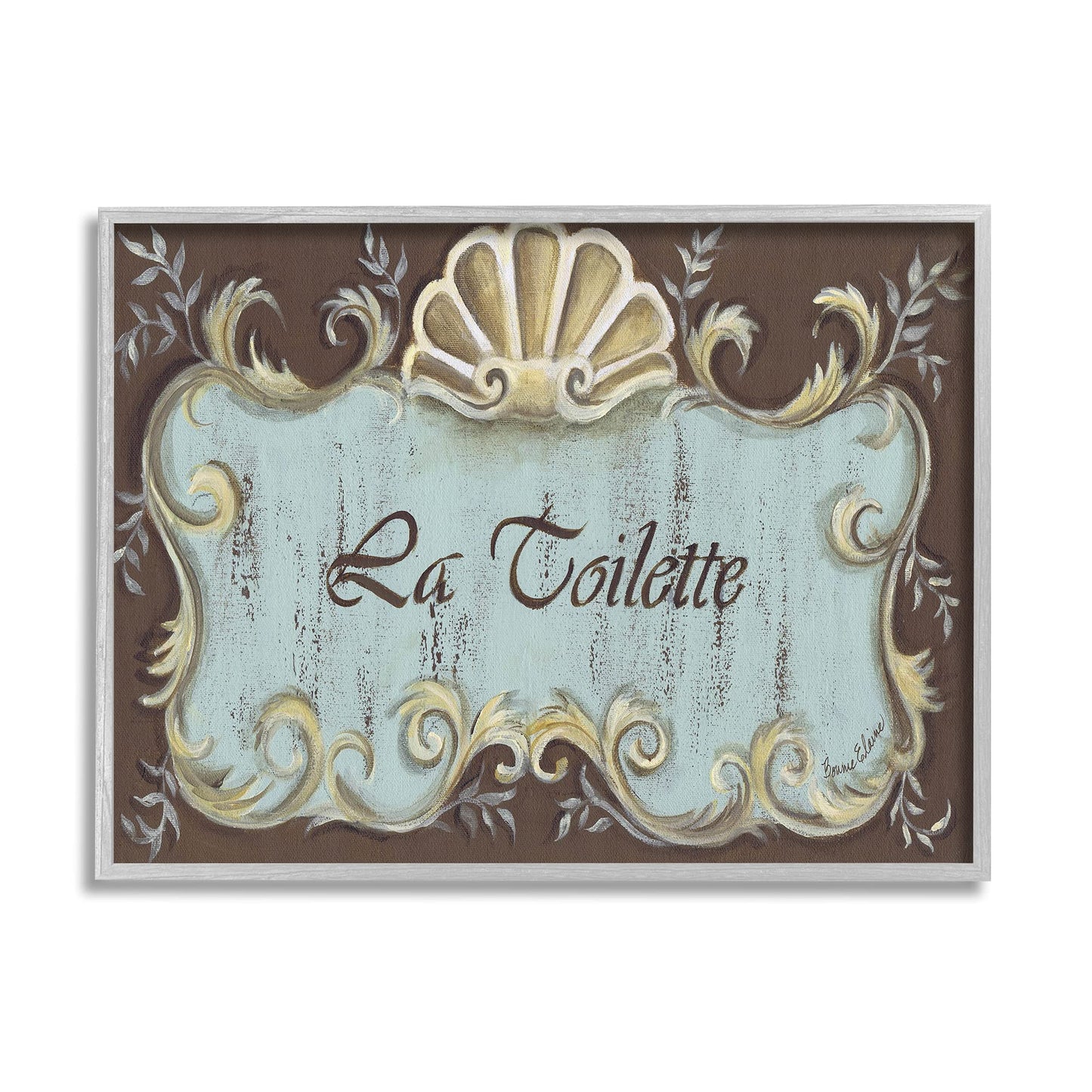 Stupell Industries La Toilette Aqua and Brown Scallop Shell Crest, Design by Bonnie Wrublesky Gray Framed Wall Art, 16 x 20