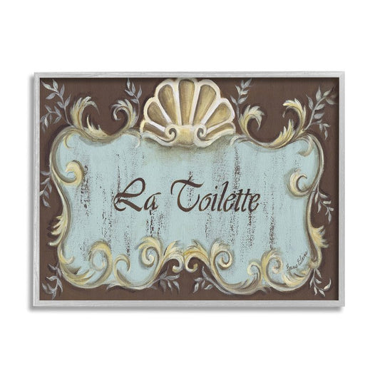 Stupell Industries La Toilette Aqua and Brown Scallop Shell Crest, Design by Bonnie Wrublesky Gray Framed Wall Art, 16 x 20