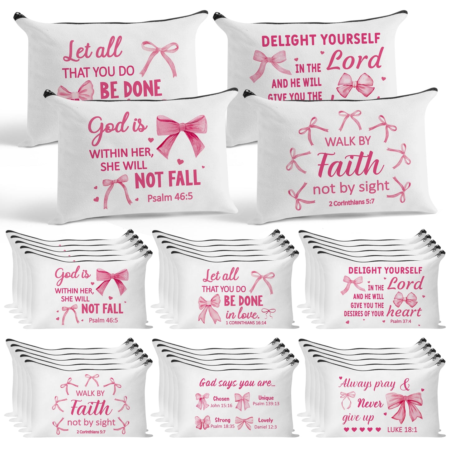 Y1tvei Bow Bible Cosmetic Bags - 30Pcs Pink Coquette Mini Bible Verse Makeup Bag with Zipper, White Canvas Large Capacity Cosmetic Bags Set Gifts Bulk for Women Girls Inspirational Church Party Favors