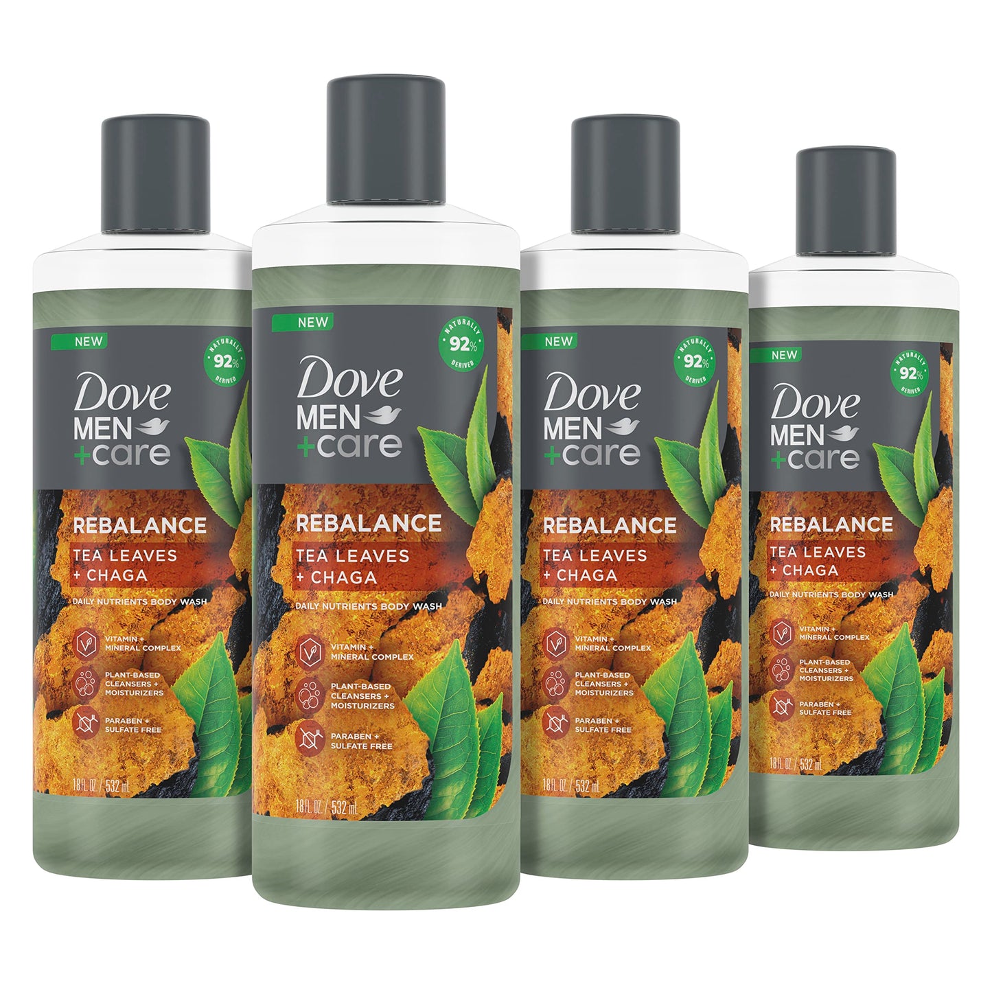 Dove Men+Care Rebalance Body Wash Tea Leaves and Chaga 4 Count With Vitamin and Mineral Complex Moisturizing Body Wash with Plant Based Ingredients 18 oz