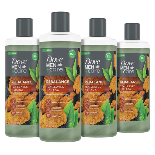 Dove Men+Care Rebalance Body Wash Tea Leaves and Chaga 4 Count With Vitamin and Mineral Complex Moisturizing Body Wash with Plant Based Ingredients 18 oz