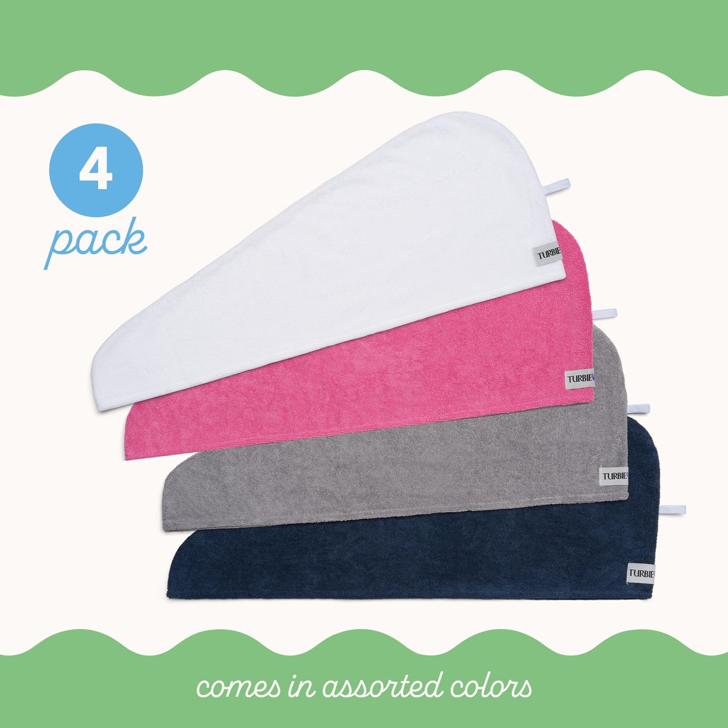 Turbie Twist 4-Pack Microfiber Hair Towel for Beauty, Travel, Gifting - Hair Wrap Turban for Straight, Wavy & Curly Hair - Premium Personal Care - Pink, Blue, Grey & White