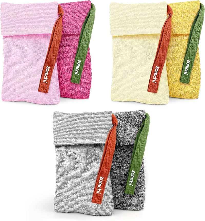 ZOMCHI Soap Saver Bags - Exfoliating Dual-Texture Pouches for Shower | 6 Pack in Gray, Yellow & Pink