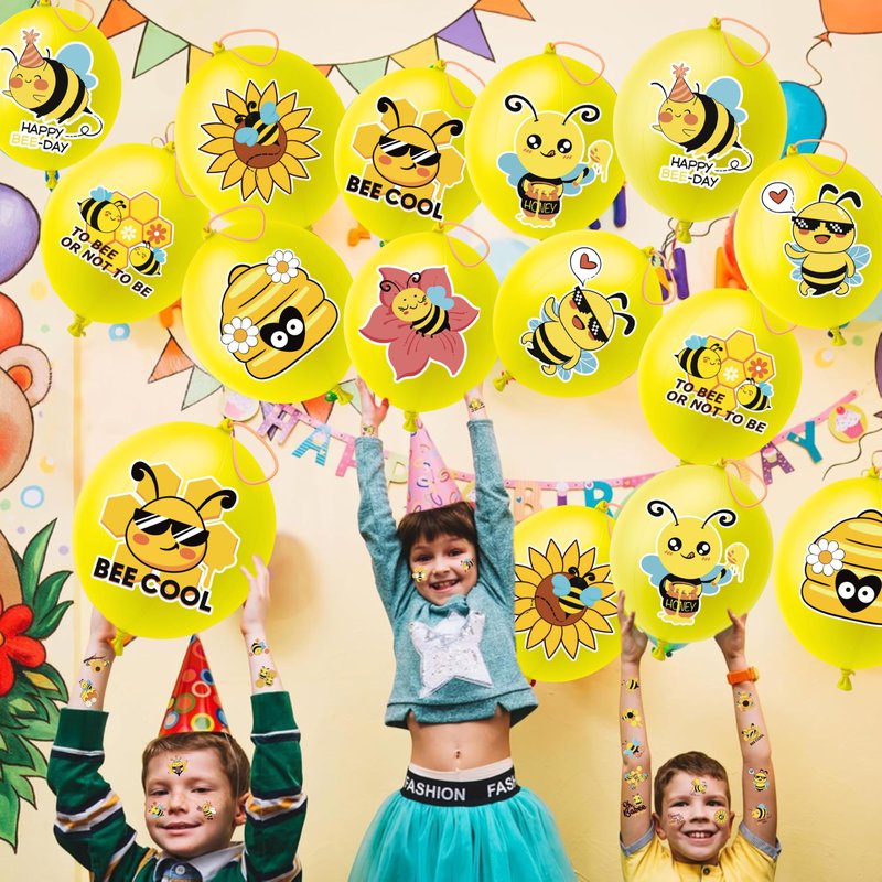 72 PCS Bee Party Favors – 48 Pre-Cut Temporary Tattoos & 24 Bee Punch Balloons Themed Birthday Party Decorations Supplies Favors Gifts Goodie Bag Fillers Classroom Rewards for Boys Girls