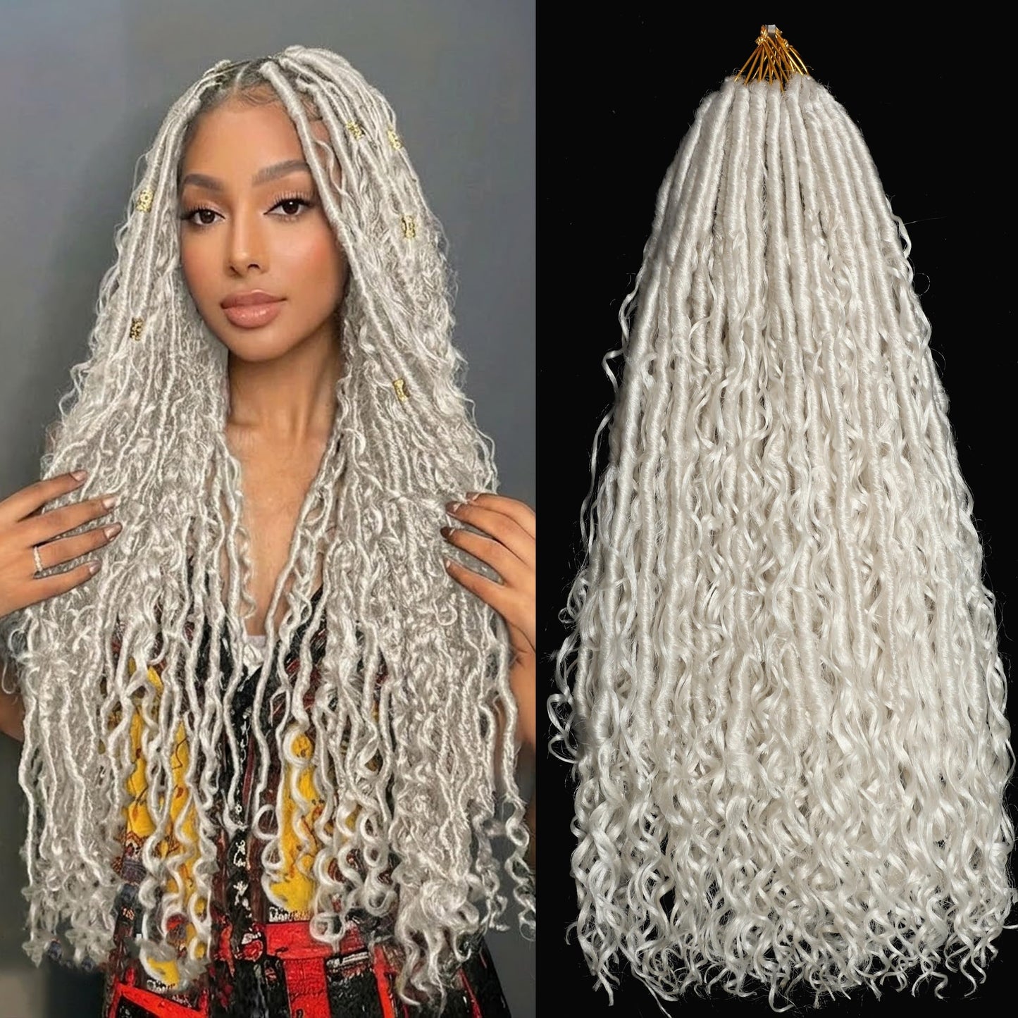 Silver White Goddess Locs Crochet Hair 7-Pack Pre Looped Braiding Hair 84 Strands Grey Bohemian Faux Loc Boho Braids River Loc Dreadlocs Hair for Black Women (Silver white, 24 Inch(Pack of 7))