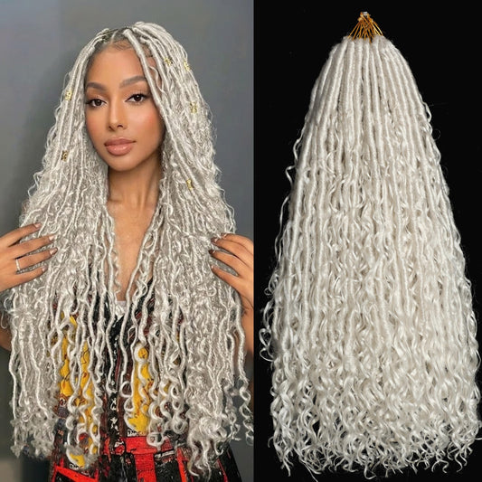 Silver White Goddess Locs Crochet Hair 7-Pack Pre Looped Braiding Hair 84 Strands Grey Bohemian Faux Loc Boho Braids River Loc Dreadlocs Hair for Black Women (Silver white, 24 Inch(Pack of 7))