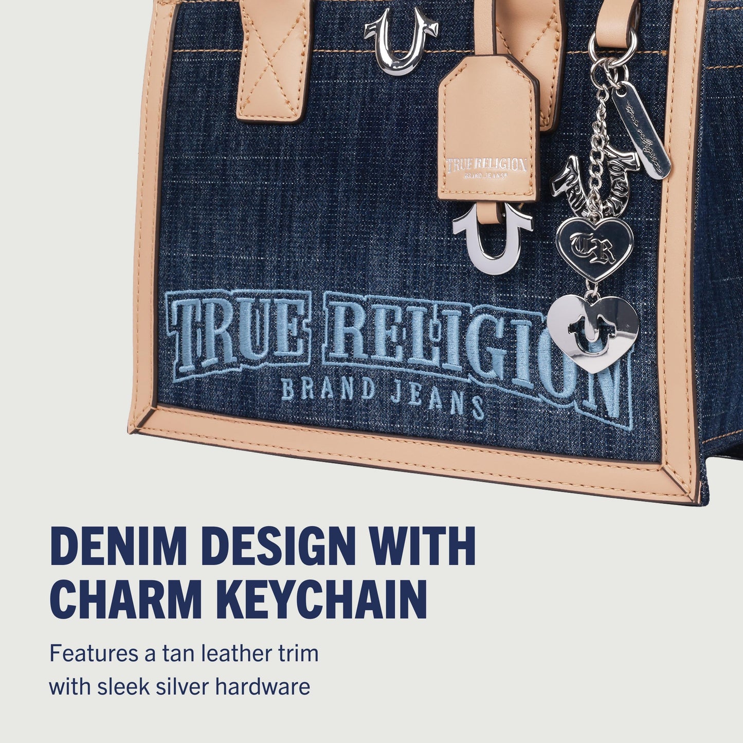 True Religion Denim Tote Bag, Bombe Logo Shoulder Carryall with Horseshoe Hardware and Strap Hand Bag, Dark Denim