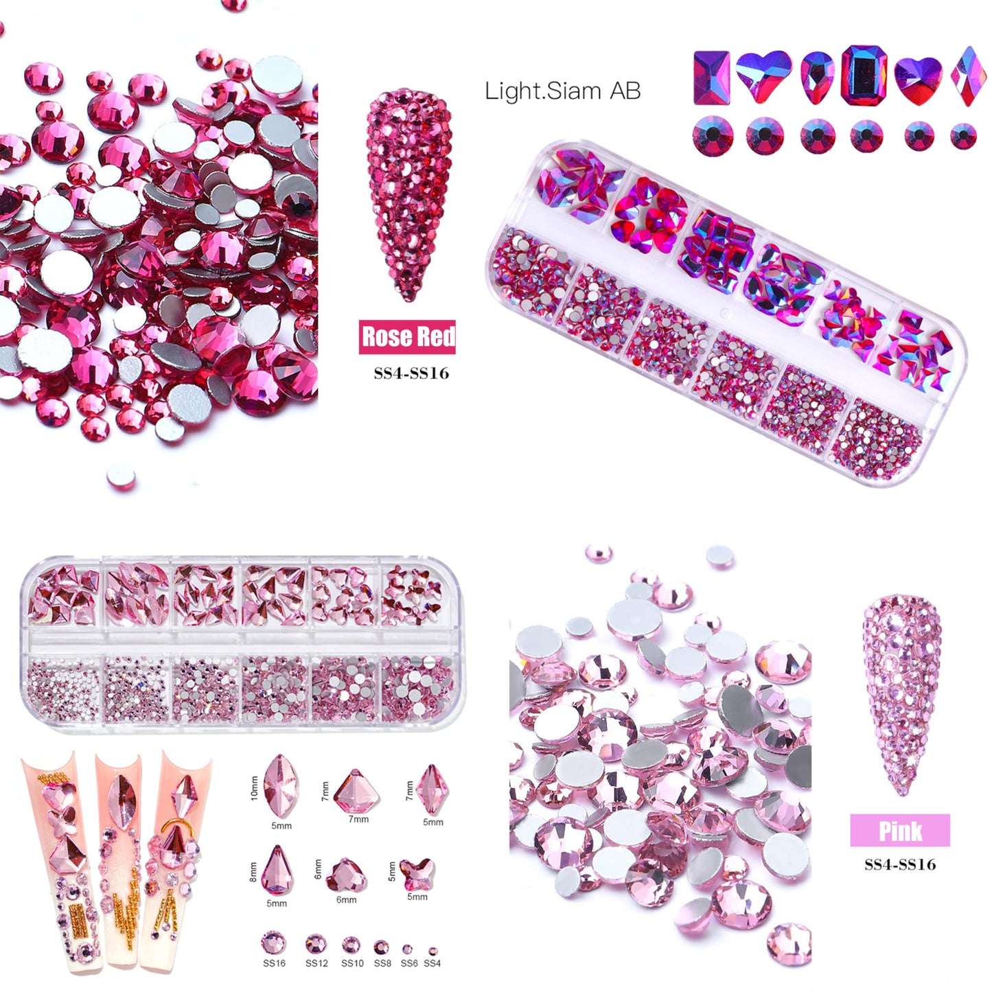 JERCLITY 1620pcs Flat Back Rose AB Nail Rhinestones Pink Nail Rhinestones for Nails Round Beads Crystals Glass Gems Stones Multi Shapes Sizes Nail Rhinestones for Nail Face Art Clothes Shoes Bags DIY