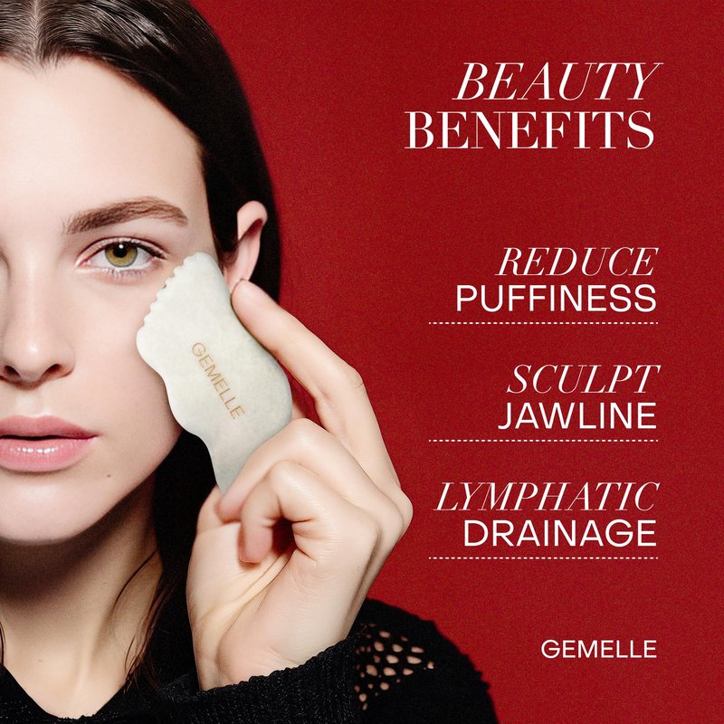 GEMELLE White Jade Gua Sha Tool – 10x Award-Winning Face & Body Sculpting Stone with 5-Edge Design for Lymphatic Drainage, Puffiness & Jawline – Premium Gift for Women, Glow-Boosting Natural Ritual