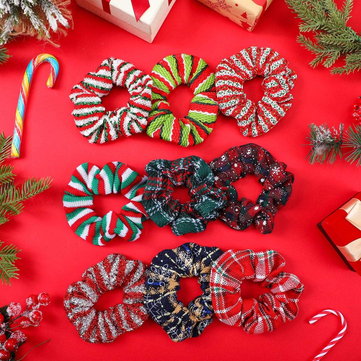 Giegxin 100 Pcs Christmas Scrunchies Bulk Hair Scrunchies Soft Elastic Snowflake Sequins Hair Scrunchy Ties Buffalo Plaid Glittery Rope Ponytail Holder for Women Gifts Xmas Accessories