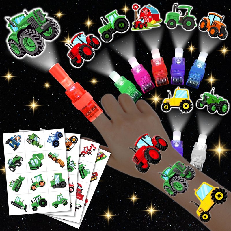 72 PCS Tractor Party Favors – 48 PCS Luminous Tattoos & 24 PCS LED Finger Lights Combo – Birthday Goodie Bag Fillers, Party Supplies, Gifts Light Up Toys Glow In The Dark for Boys and Girls