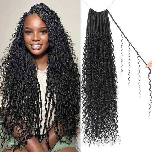 Goddess Locs Crochet Hair - 30 Inch Faux Locs with Curly Ends | 8 Packs Bohemian River Locs for Black Women (1B)