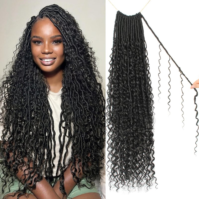 Goddess Locs Crochet Hair 30 Inch Faux Locs Crochet Pre-looped Boho Faux Loc with Curly Ends 8 Packs Long Bohemian River Loc Crochet Hair for Black Women(30Inch,1b/4/30)