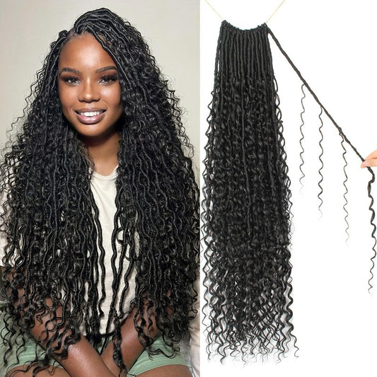 Goddess Locs Crochet Hair 30 Inch Faux Locs Crochet Pre-looped Boho Faux Loc with Curly Ends 8 Packs Long Bohemian River Loc Crochet Hair for Black Women(30Inch,1b/4/30)