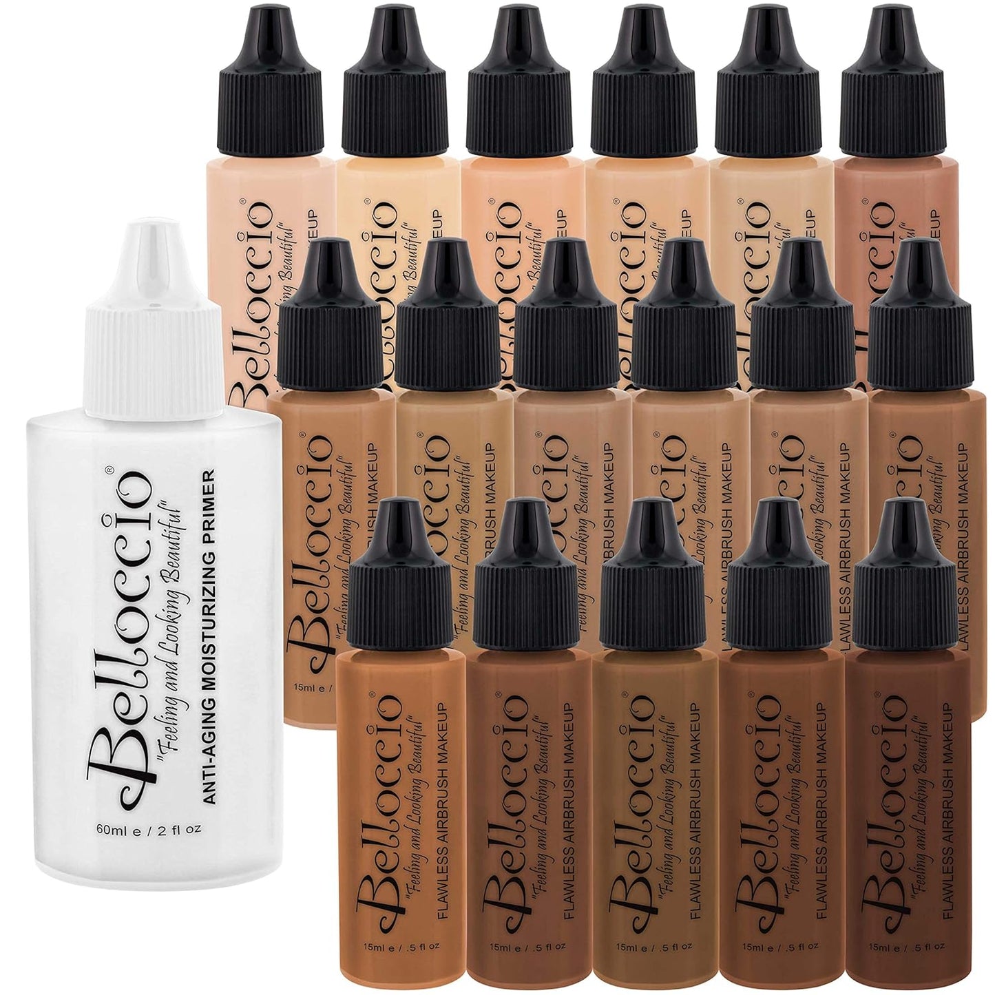 Belloccio Airbrush Foundation Set - All 17 Shades with Moisturizing Primer | 1/2 oz. Bottles