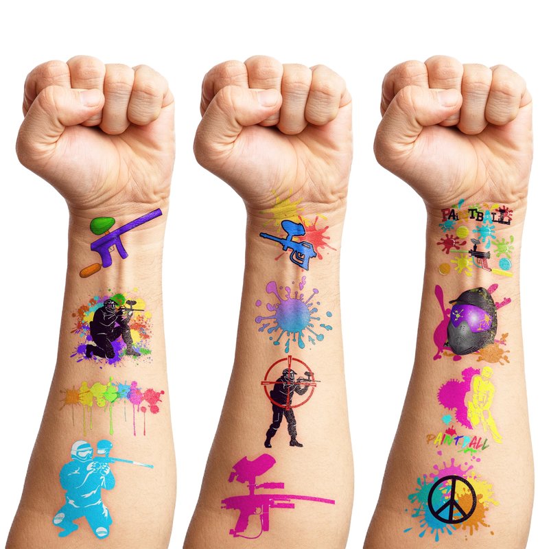 100 PCS Paintball Temporary Tattoos (10 Sheets) - Gun Shooting Themed Birthday Party Decorations & Favors, Cute Stickers Gifts for Boys, Girls, Class, School Carnival