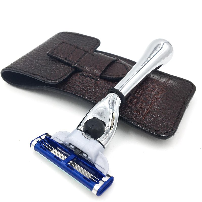 Parker Travel Razor - Compact Chrome Brass Handle | Compatible with Gillette® Mach3® Cartridges, Premium Leather Case for Men
