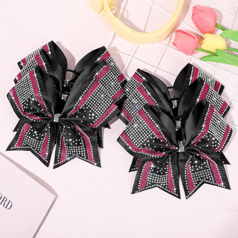 Large Glitter Cheer Bows - 6PCS Black & Pink Rhinestone Hair Bows for Cheerleaders | Stiff Design, 8-Inch
