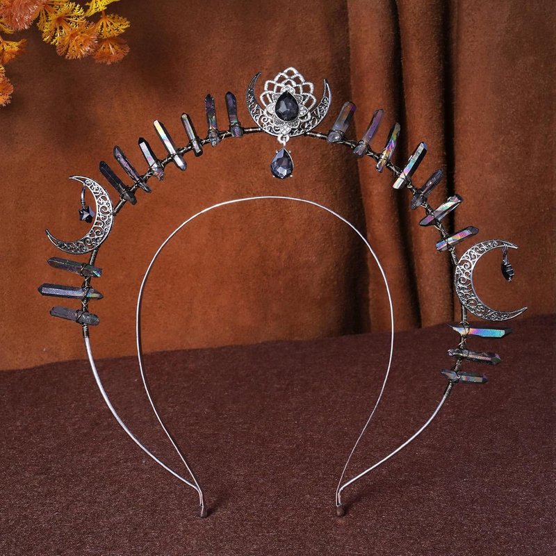 Goth Goddess Halo Crown - Black Moon Star Headband | Gothic Quartz Crystal Headdress for Festivals & Cosplay