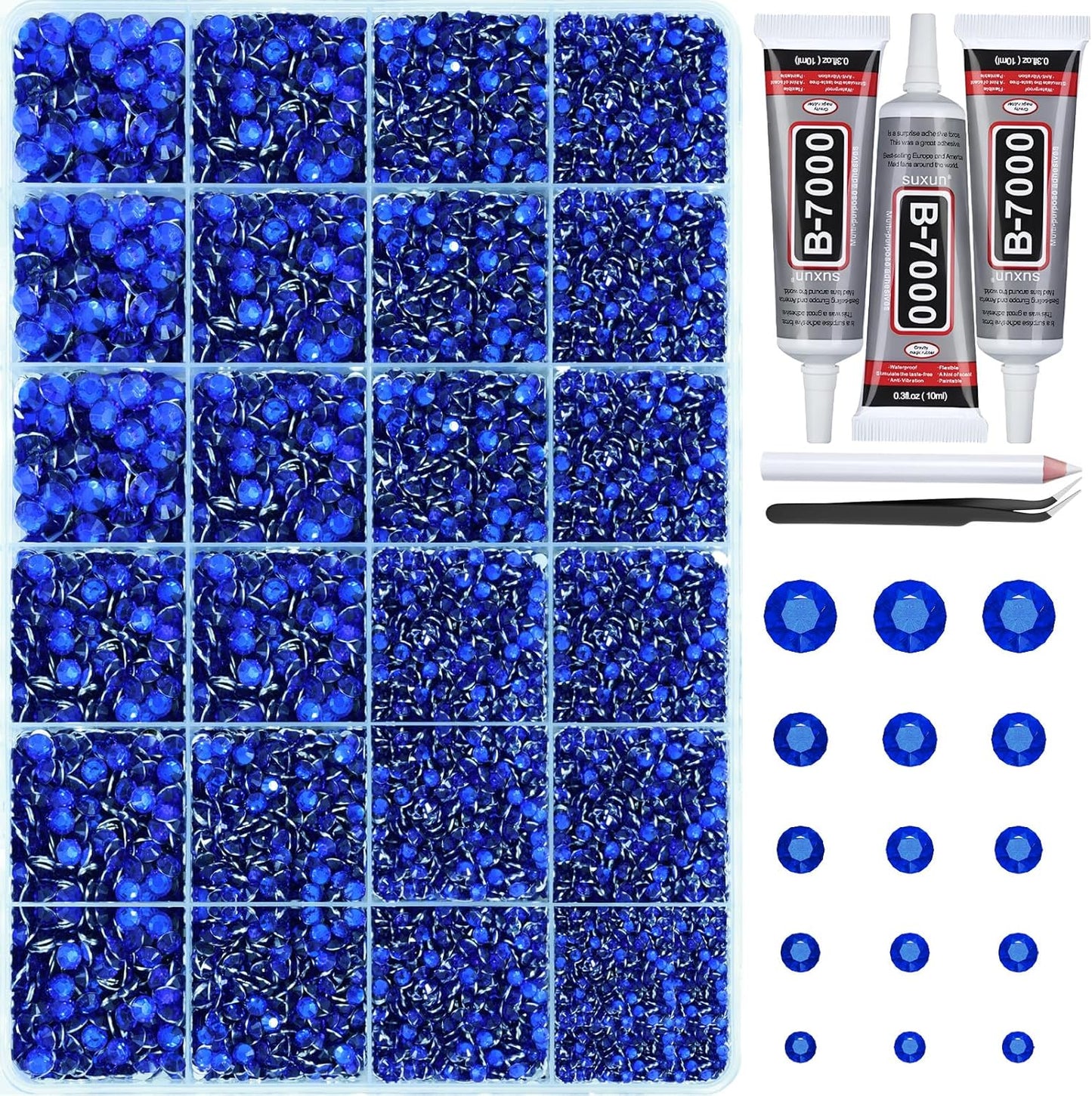 Jelly Rhinestones - 30,000+ Royal Blue Flatback Gems Kit | 2-6mm with 3Pcs B7000 Jewelry Glue for Crafts & Nail Art