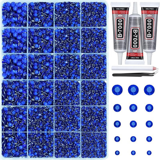 Jelly Rhinestones - 30,000+ Royal Blue Flatback Gems Kit | 2-6mm with 3Pcs B7000 Jewelry Glue for Crafts & Nail Art