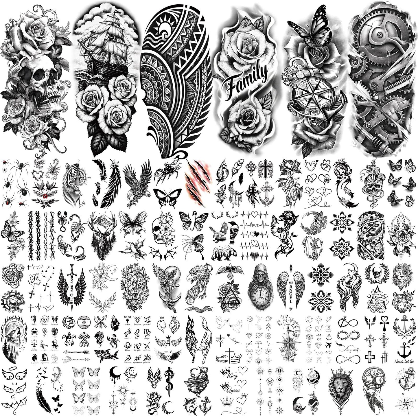 92 Sheets Temporary Tattoo, 17 Sheet Half Arm Lion Wolf Tiger Dragon Butterfly Rose Fake Tattoos for Women Men, 75 Sheet Realistic Tiny Tattoos Stickers for Adult Body Chest Neck Hand
