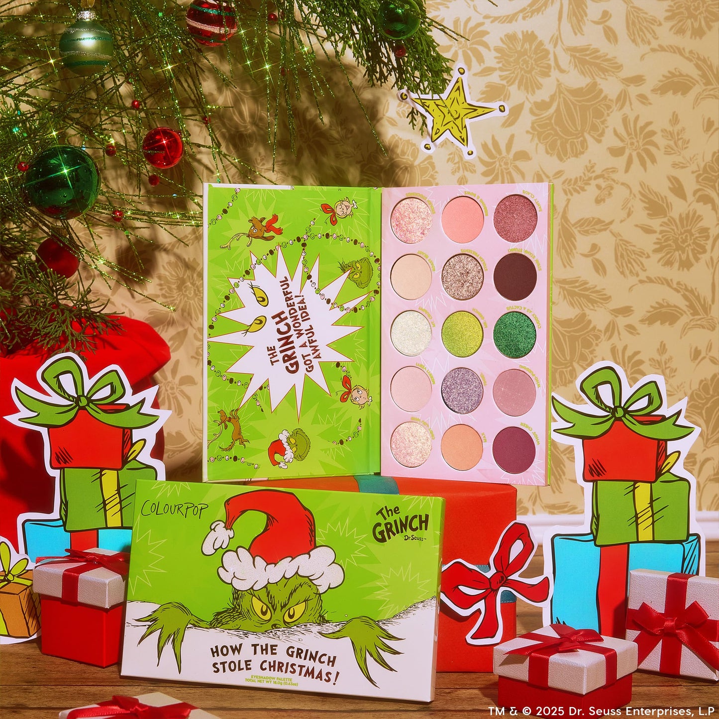 ColourPop x The Grinch How The Grinch Stole Christmas Eyeshadow Palette - Limited Edition 15 Pan Eye Makeup Palette with 5 Buildable & Blendable Finishes - High-Pigment, Long Lasting Formula (0.63 oz)