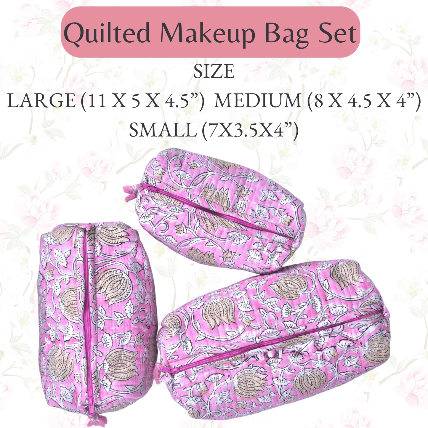 Quilted Floral Block Print Makeup Bag Set of 3 – Cotton Travel Toiletry and Makeup Organizer, Cosmetic Pouch, Toiletry Bag for Women, Cute Boho Coquette Make Up Bags for Women (Small, Medium, Large)