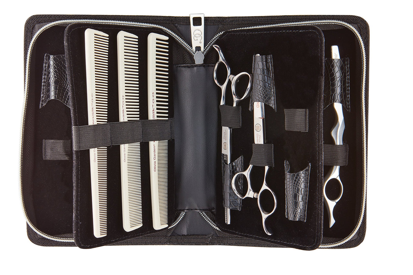 Olivia Garden Shear Case with SilkCutPRO Shears - Hair Tool Organizer for Combs, Scissors, Barber Supplies - Holds 9 Shears - Professional Hairstylist Travel Bag - 7 Piece Set