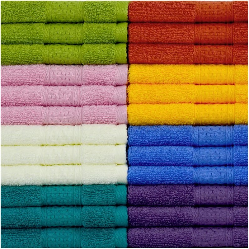 Soft Cotton Wash Cloths - 24-Pack Large Shower Towels | 8 Colors, 13” x 13” for Bathroom & Guestroom