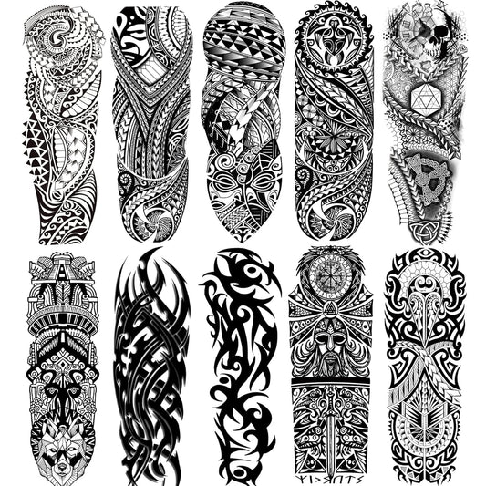 Temporary Sleeve Tattoo for Men & Women - Realistic Tribal Design | Waterproof Full Arm 10-Sheet Set