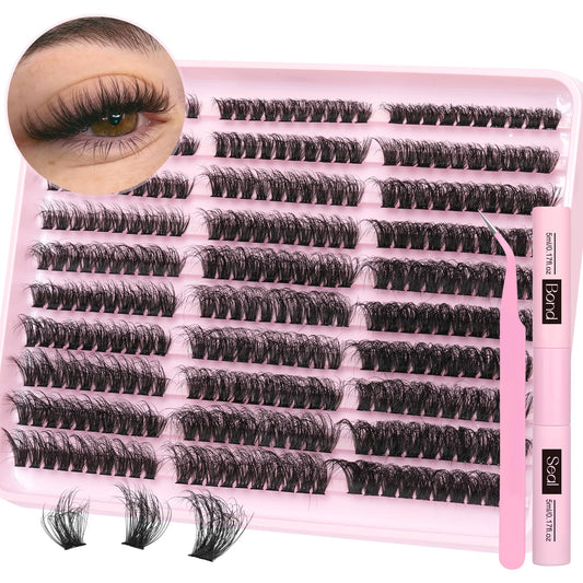 Fluffy Lash Extension Kit 60D+80D+100D Lash Clusters Thick Eyelash Extension Kit 10-18mm Individual Lashes Kit 300PCS Eyelashes Extension with Bond and Seal and Lash Extension Tweezers by TNFVLONEINS